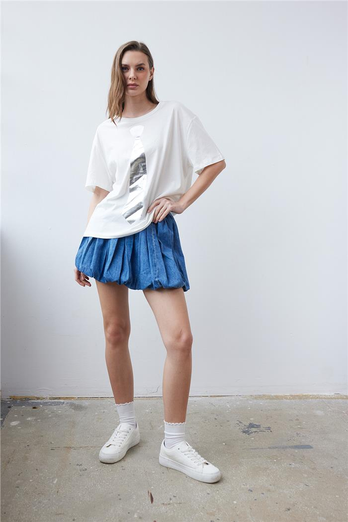 Nisan Kadın Kravat Baskı Detaylı T-Shirt EKRU N24-1803