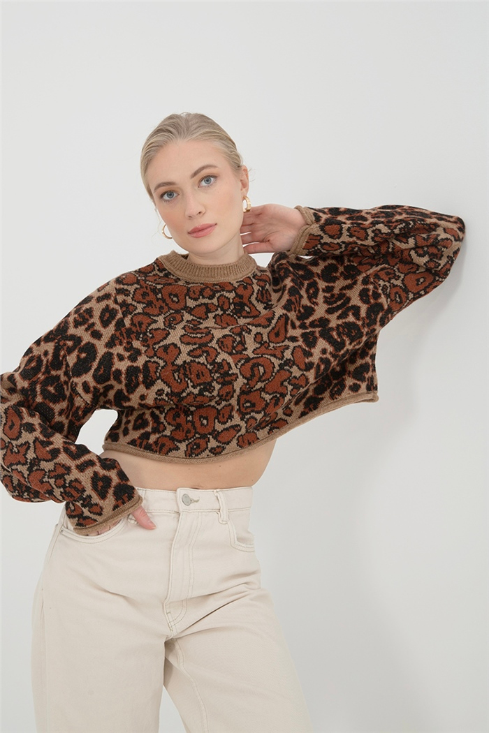 Nisan Kadın Leopar Desenli Triko Kazak CAMEL-TABA TT3791-Z