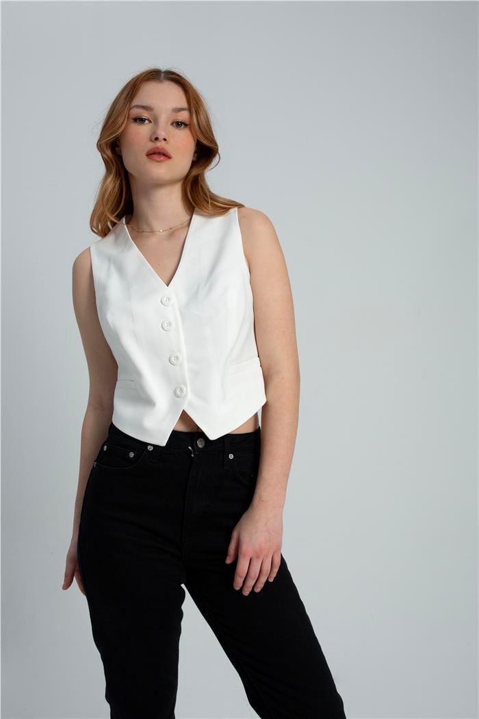 Nisan Kadın Önü Düğmeli Kısa Yelek EKRU N23-1579