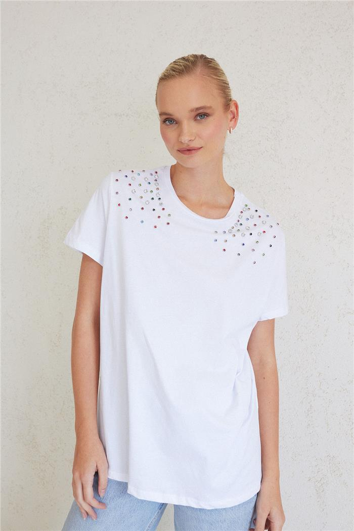 Nisan Kadın Önü Taş İşlemeli T-Shirt EKRU N23-1651