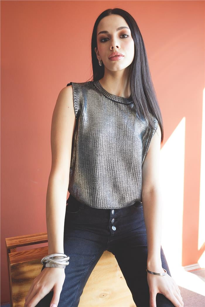 Nisan Kadın Parlak Baskılı Triko Süveter SİYAH-GÜMÜŞ TT4142-Z