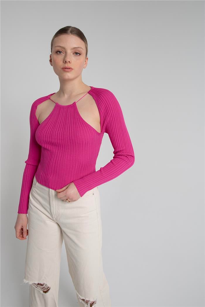 Nisan Kadın Pencere Detaylı Triko Bluz FUŞYA TT3772-Z