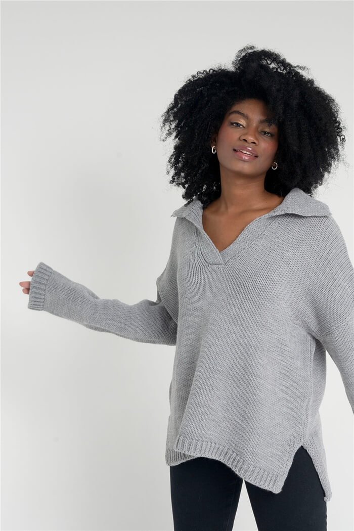 Nisan Kadın Polo Yaka Oversize Triko Kazak GRİ TT3813-Z