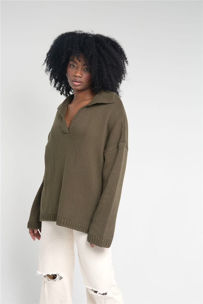 Nisan Kadın Polo Yaka Oversize Triko Kazak HAKİ TT3813-Z