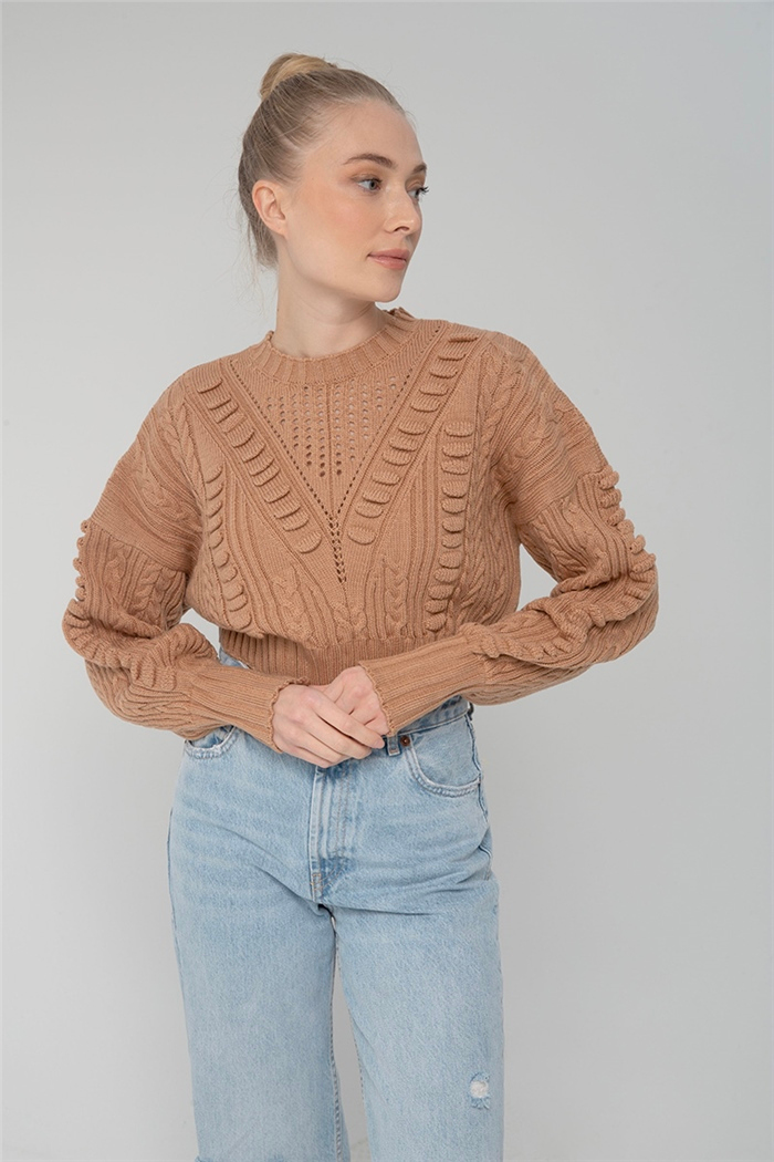 Nisan Kadın Ponponlu Triko Kazak CAMEL TT3742-Z