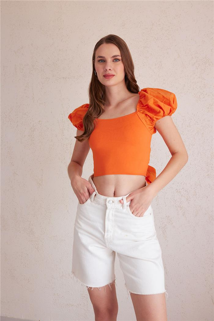 Nisan Kadın Poplin Garnili Balon Kol Bluz ORANJ TT3647-Z