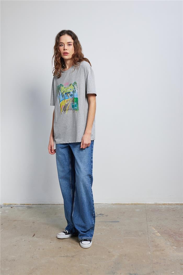 Nisan Kadın RENKLİ BASKILI T-SHIRT GRİ N24-1802