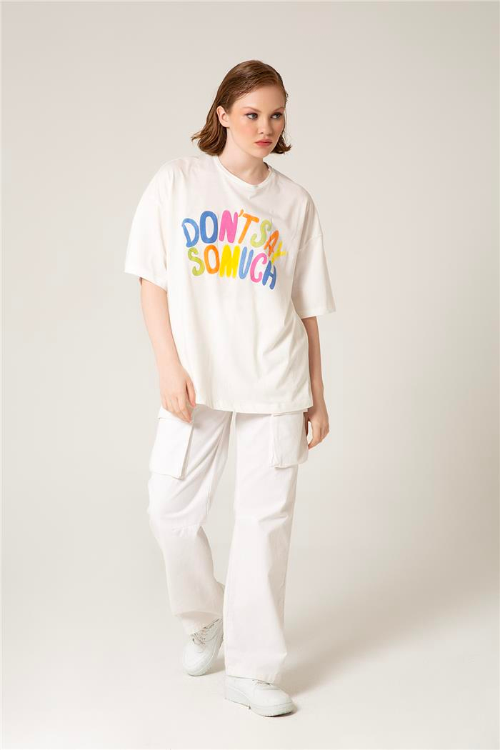 Nisan Kadın Renkli Yazı Baskılı T-Shirt EKRU MN23-1001