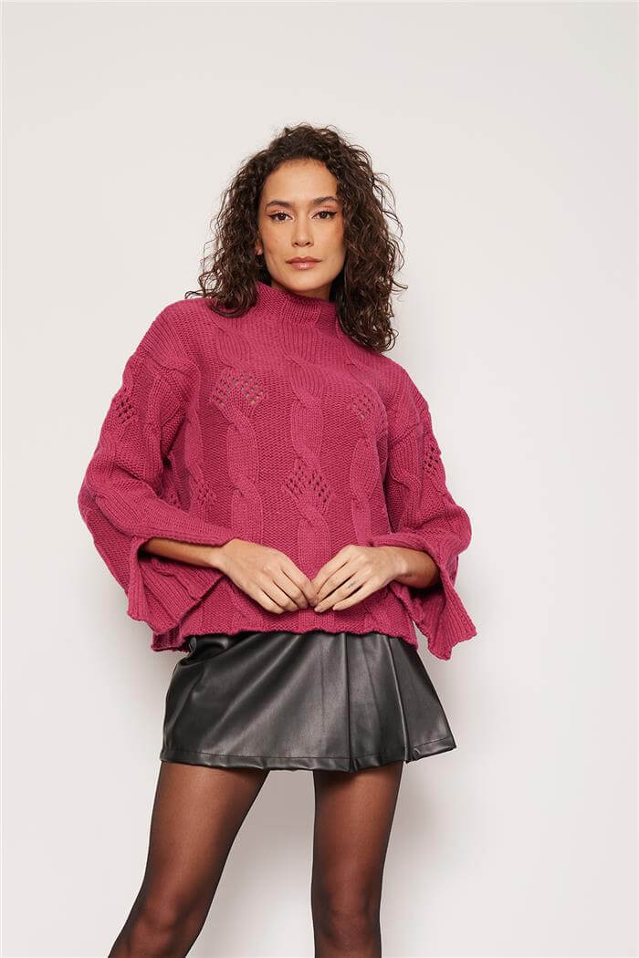 Nisan Kadın SAÇ ÖRGÜLÜ KOLU YIRTMAÇLI TRİKO KAZAK FUŞYA TT4204-Z