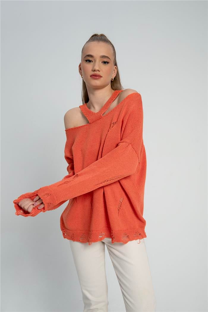 Nisan Kadın Yaka Ve Yırtık Detaylı Triko Kazak ORANJ TT3892-Z