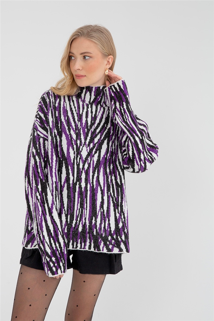 Nisan Kadın Zebra Desenli Triko Kazak EKRU-SİYAH-MOR tt3388-z