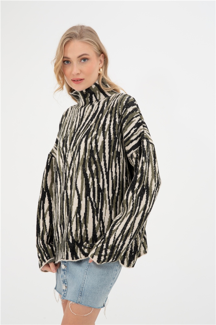 Nisan Kadın Zebra Desenli Triko Kazak TAŞ-SİYAH-HAKİ tt3388-z