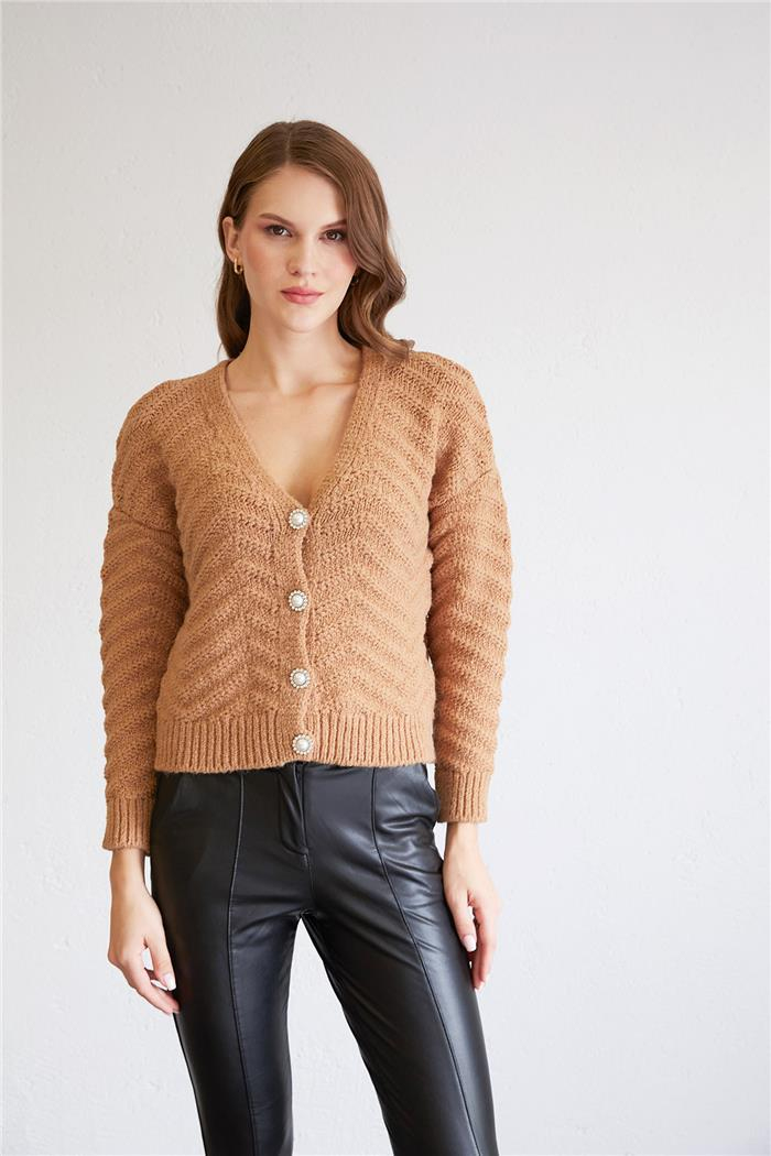 Nisan Kadın ZIGZAG KABARMA DESENLİ HIRKA CAMEL TT4088-Z