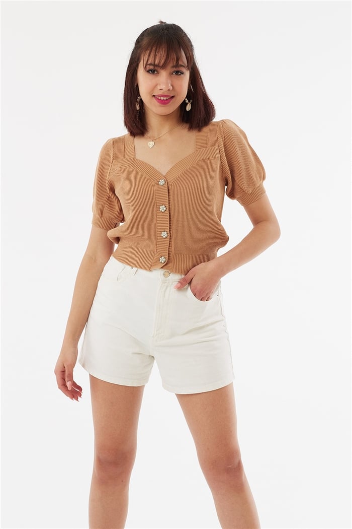 Nisan Kalp Yaka Kısa Kollu Hırka  CAMEL  TT3489-Z
