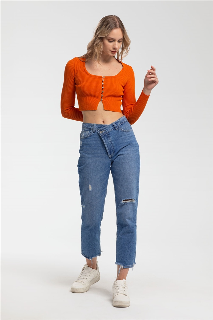Nisan Kare Yaka Crop Triko Hırka  ORANJ  TT3139-Z
