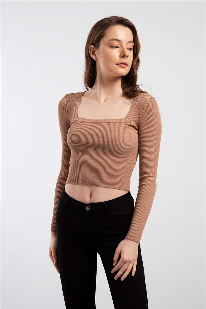 Nisan Kare Yaka Fitilli Triko Kazak  CAMEL  TT2873-Z