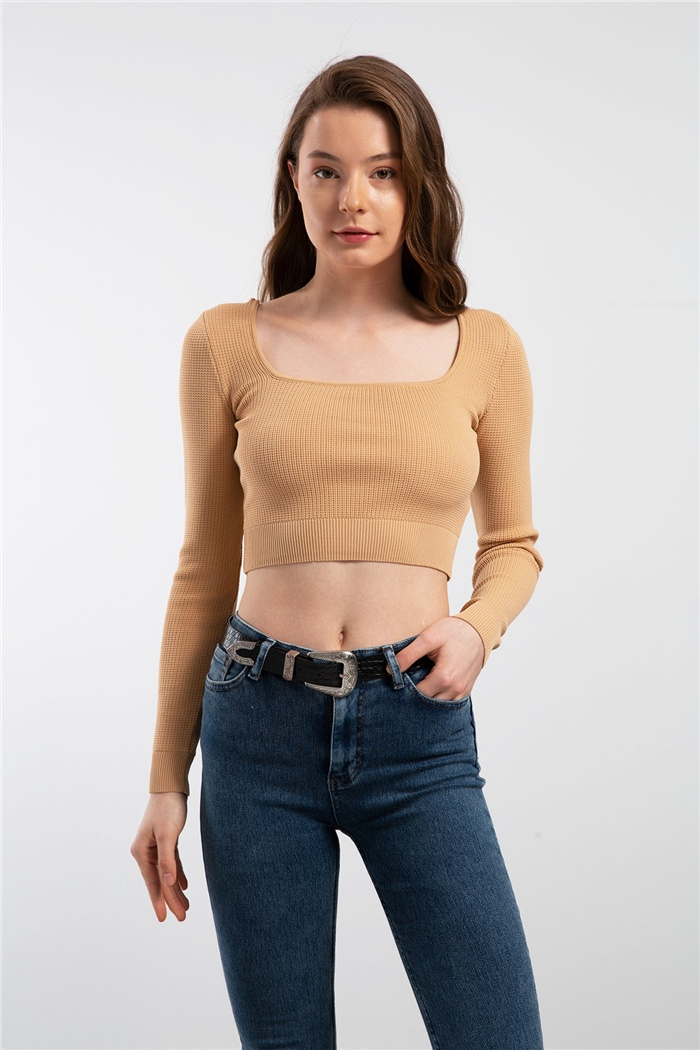 Nisan Kare Yaka Triko Bluz  CAMEL  TT2624-S