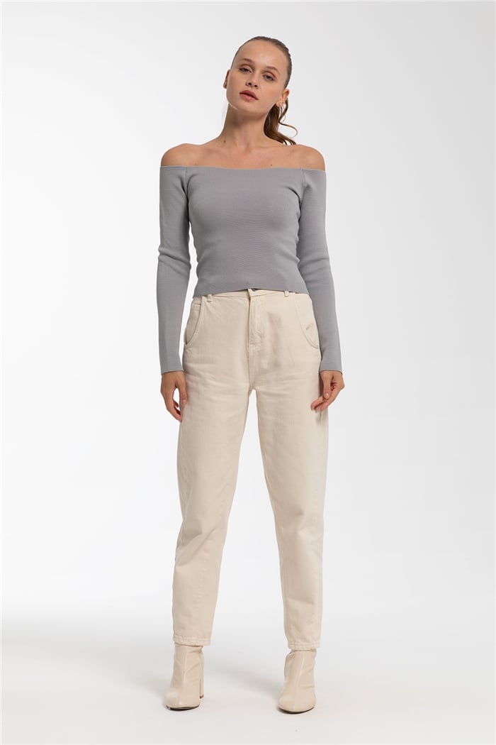 Nisan Kare Yaka Triko Bluz  GRİ  TT2714-S