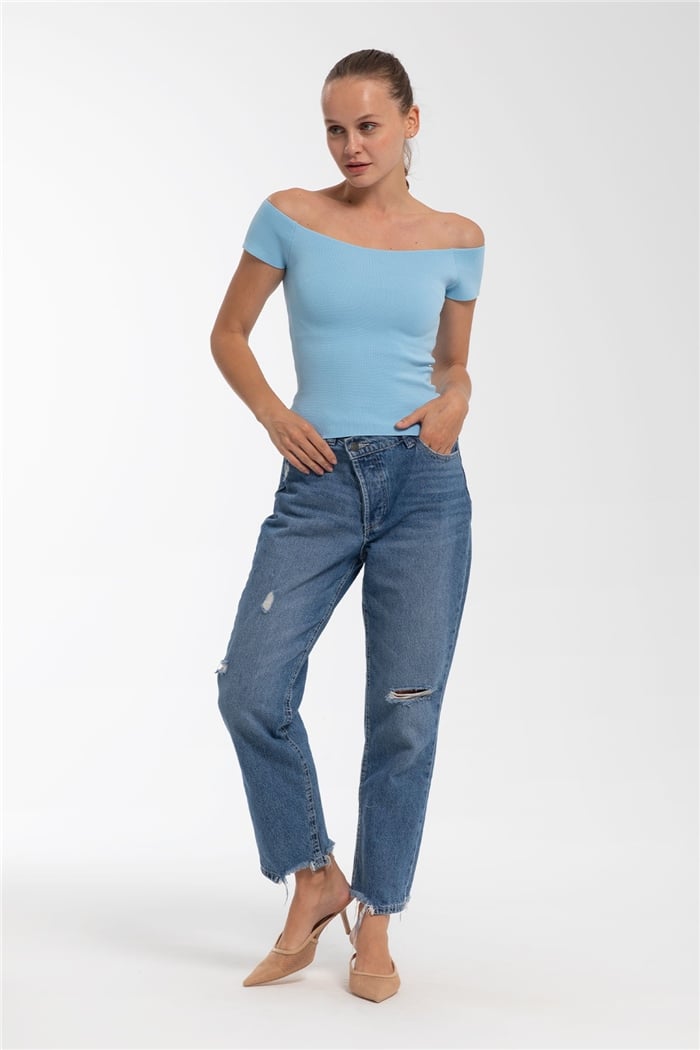 Nisan Kayık Yaka Kısa Kol Triko Bluz  BEBE MAVİ  TT2321-S