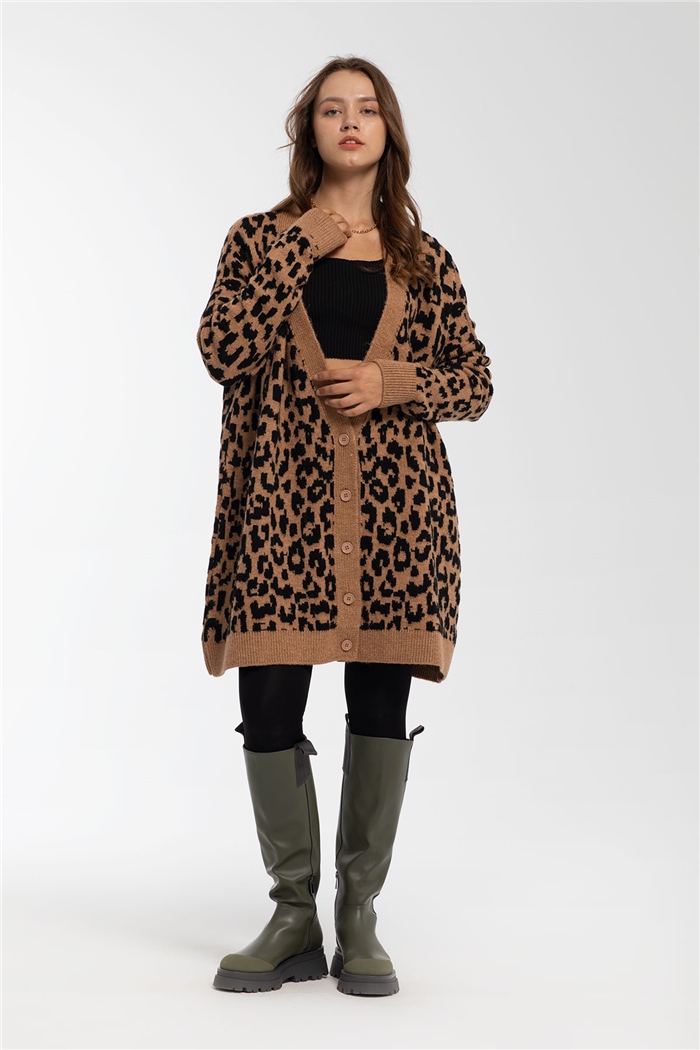 Nisan Leopar Desen Triko Hırka  CAMEL-SİYAH  TT3250-Z