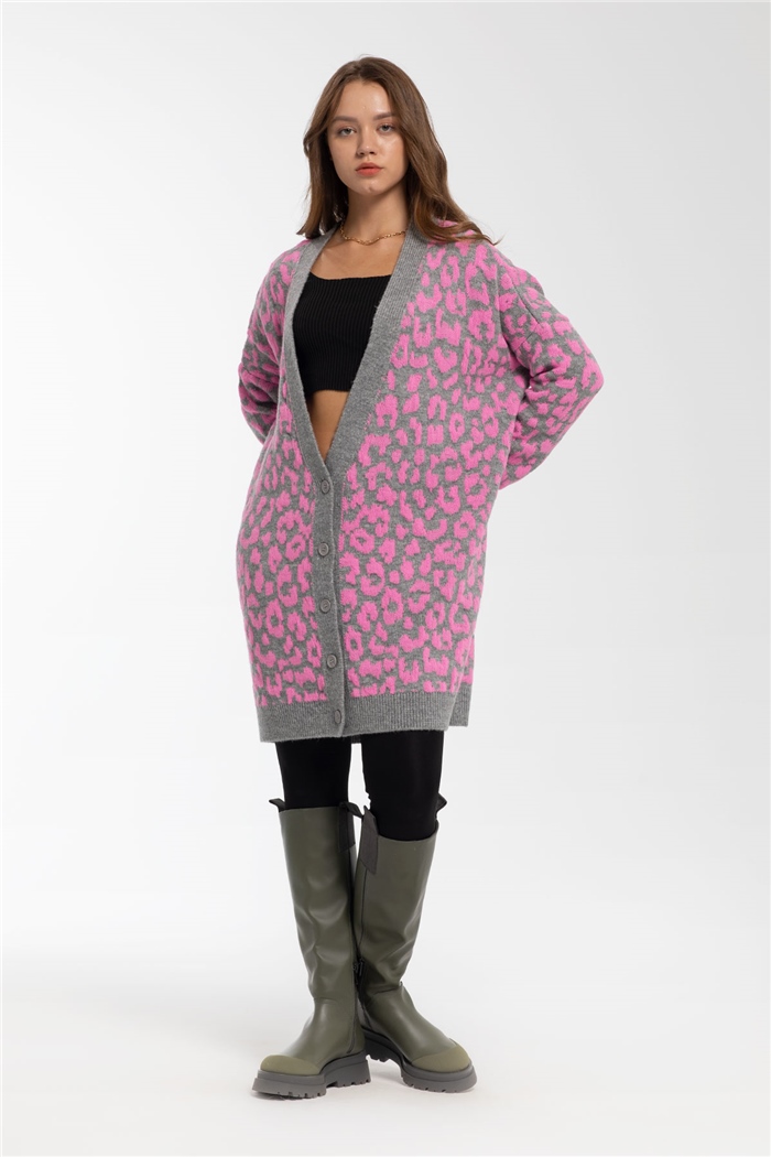 Nisan Leopar Desen Triko Hırka  GRİ-PEMBE  TT3250-Z