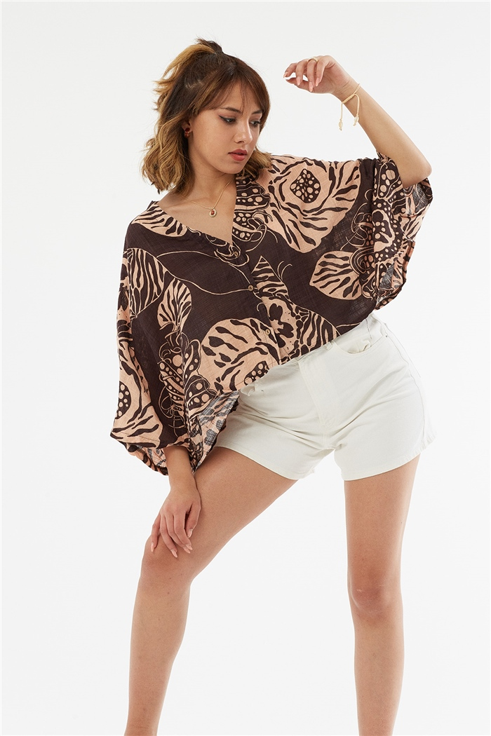 Nisan OVERSİZE KISA BLUZ  KAHVE  N22-1453