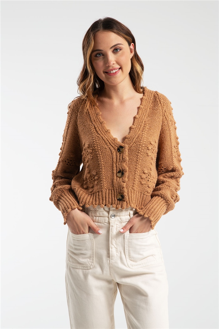 Nisan Ponpon Desen Triko Hırka  CAMEL  TT2897-Z