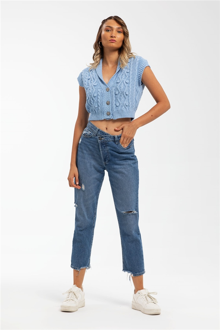 Nisan Ponponlu Baklava Desen Crop Triko Yelek  MAVİ  TT3117-Z