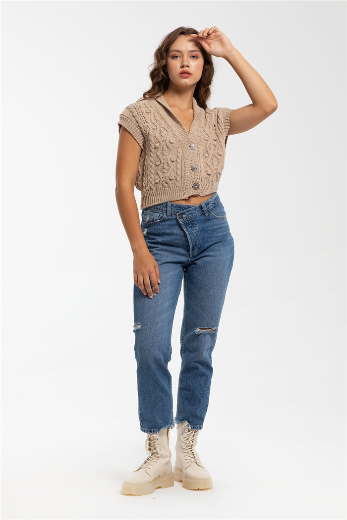 Nisan Ponponlu Baklava Desen Crop Triko Yelek  BEJ  TT3117-Z