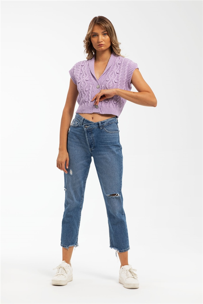 Nisan Ponponlu Baklava Desen Crop Triko Yelek  LİLA  TT3117-Z