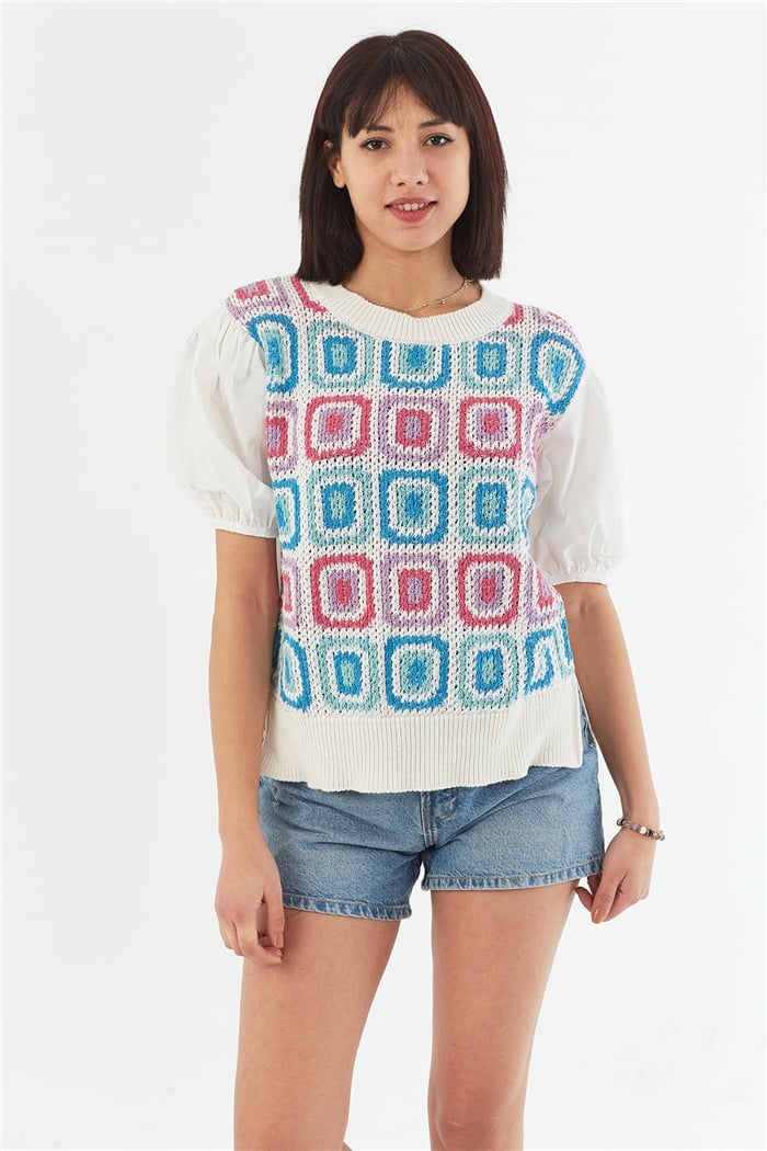 Nisan Poplin Garnili Bluz  HAM EKRU-MİNT YEŞİLİ  TT3445-Z