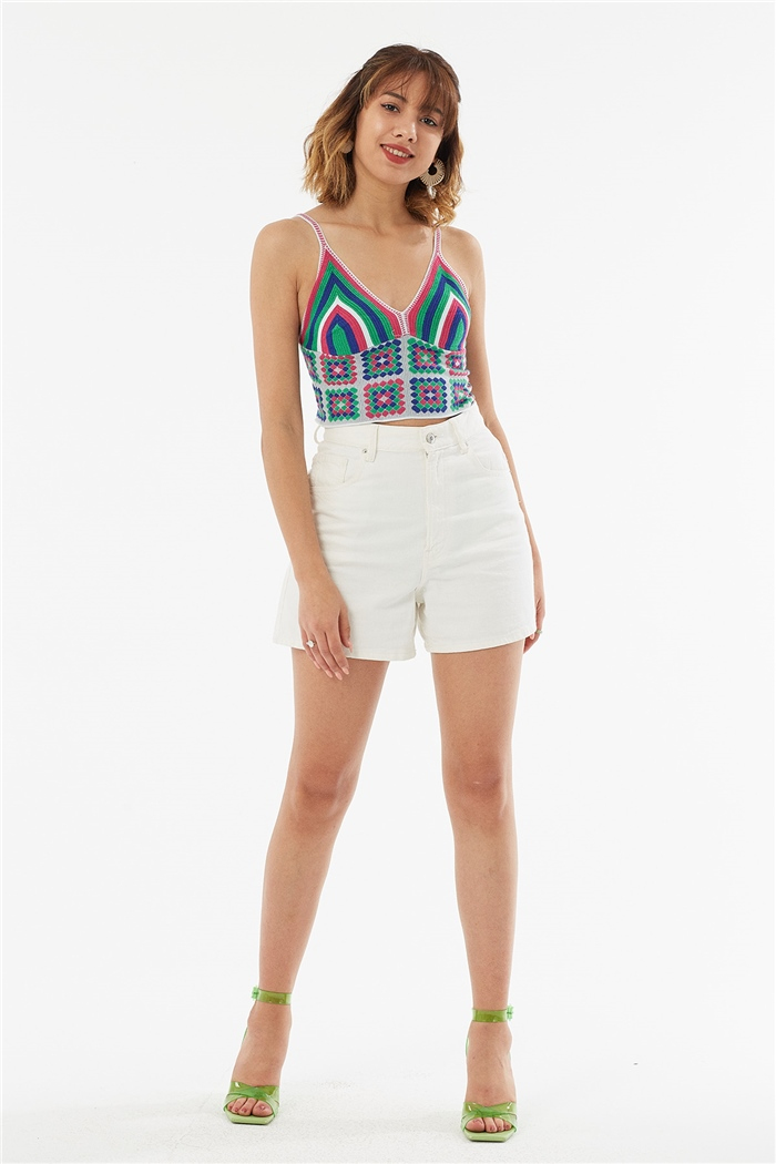 Nisan Renkli Desenli Crop  BEYAZ  TT3611-Z