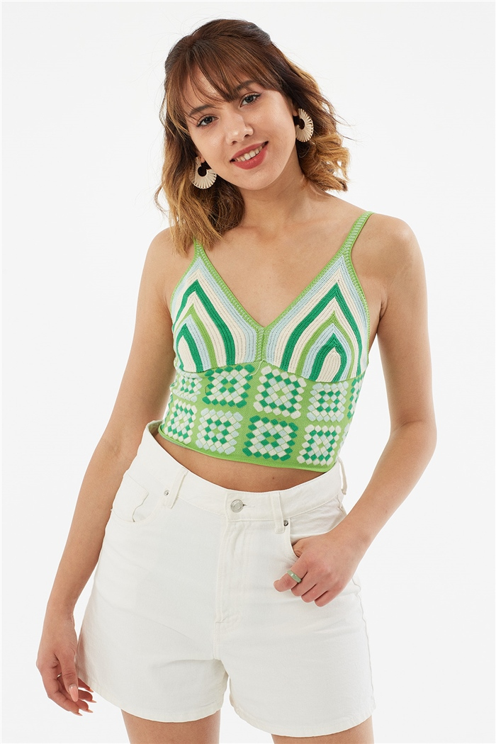 Nisan Renkli Desenli Crop  ELMA YEŞİLİ  TT3611-Z