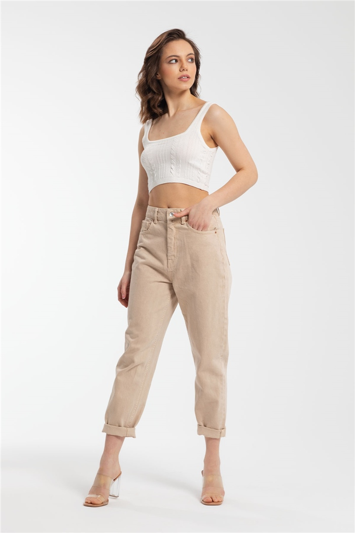 Nisan Saç Örgülü Crop Triko Bluz  BEYAZ  TT3137-Z