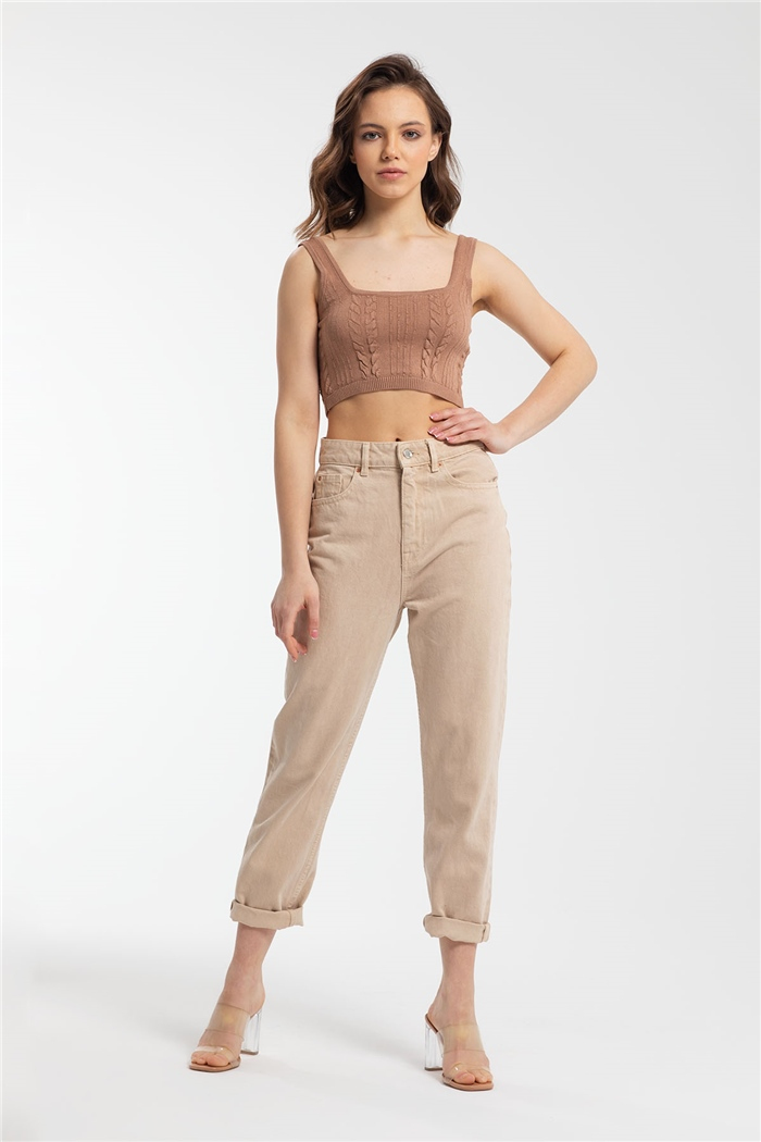 Nisan Saç Örgülü Crop Triko Bluz  CAMEL  TT3137-Z