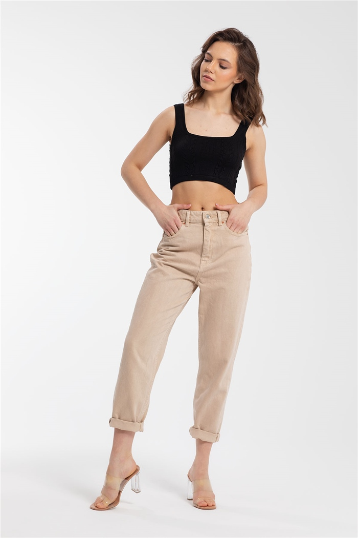Nisan Saç Örgülü Crop Triko Bluz  SİYAH  TT3137-Z