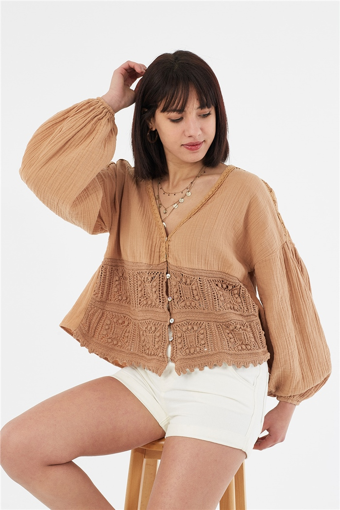 Nisan TRİKO DETAYLI GÖMLEK  CAMEL  N22-1343
