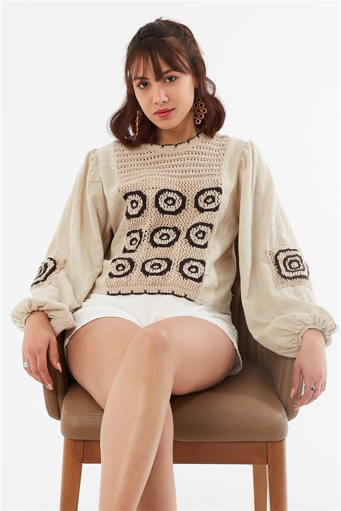 Nisan Triko Garnili Bluz  KAHVE  N22-1395