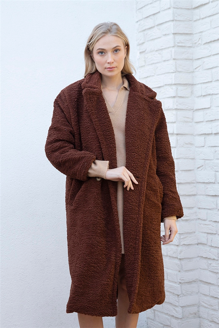 Nisan Uzun Peluş Mont  KAHVE  N22-1560