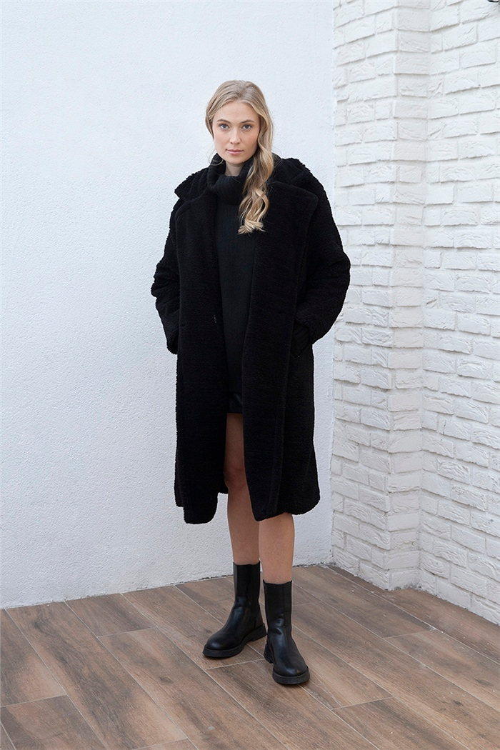 Nisan Uzun Peluş Mont  SİYAH  N22-1560