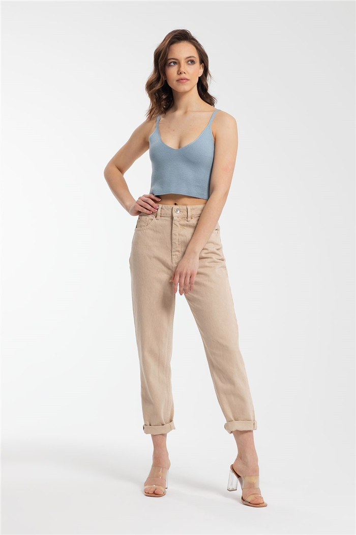 Nisan V Yaka Crop Triko Bluz  İNDİGO  TT3098-Z