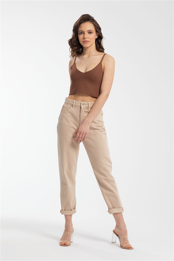 Nisan V Yaka Crop Triko Bluz  KAHVE  TT3098-Z