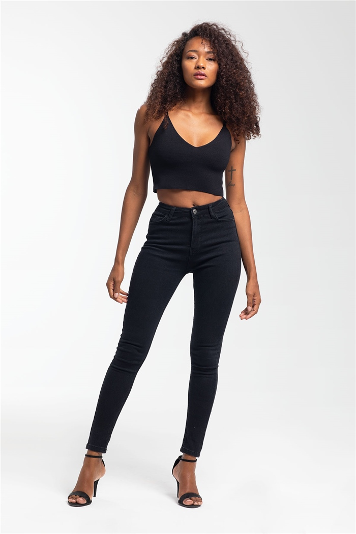 Nisan V Yaka Crop Triko Bluz  SİYAH  TT3098-Z