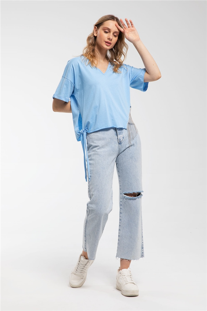 Nisan Yanı Zincirli Bluz  BEBE MAVİ  N21-1065