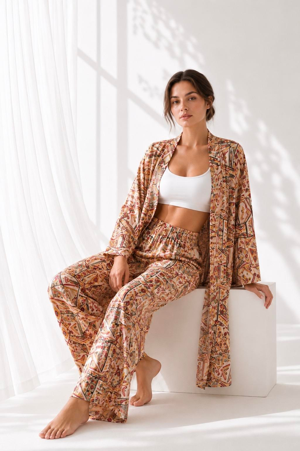Asimetrik Desenli Viskon Kaftan Kadın Takım