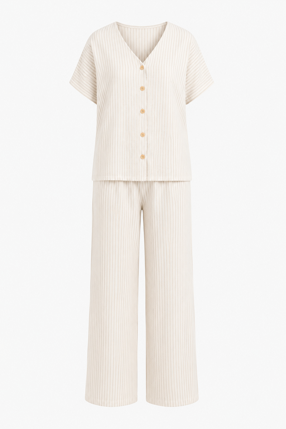 Çizgili Müslin Yakasız Kısa Kollu Kadın Pijama Takımı