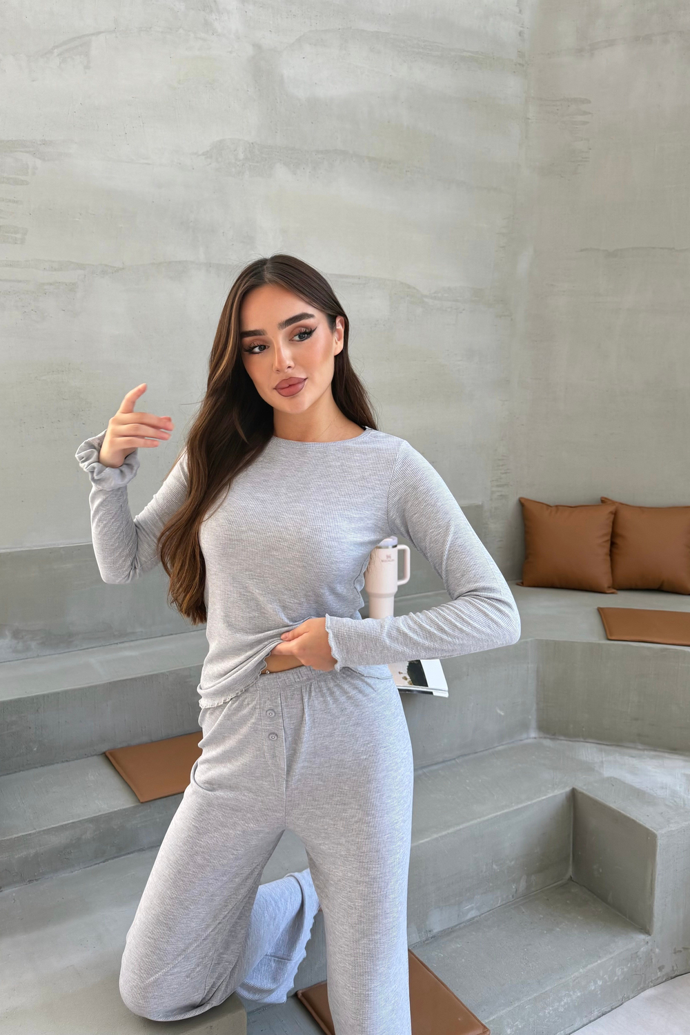 Fitilli Gri Modal Pijama Takımı
