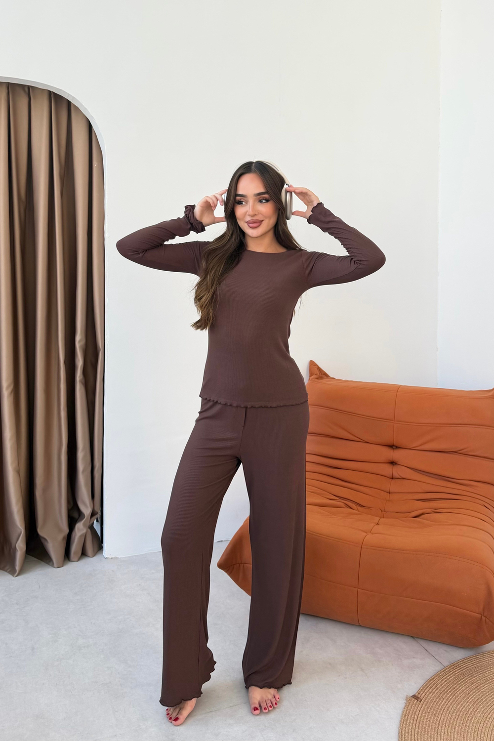 Fitilli Kahverengi Modal Pijama Takımı