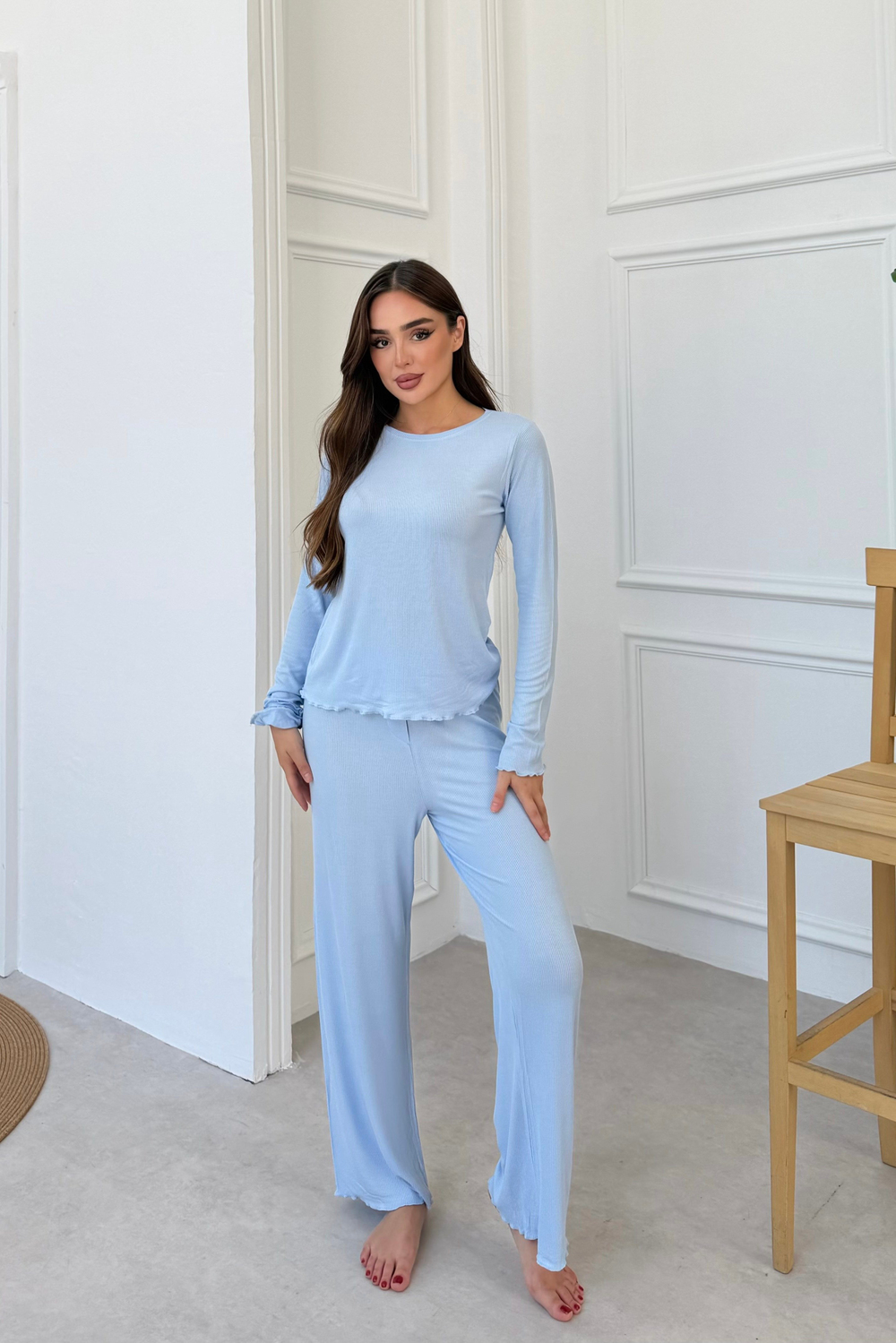Fitilli Mavi Modal Pijama Takımı