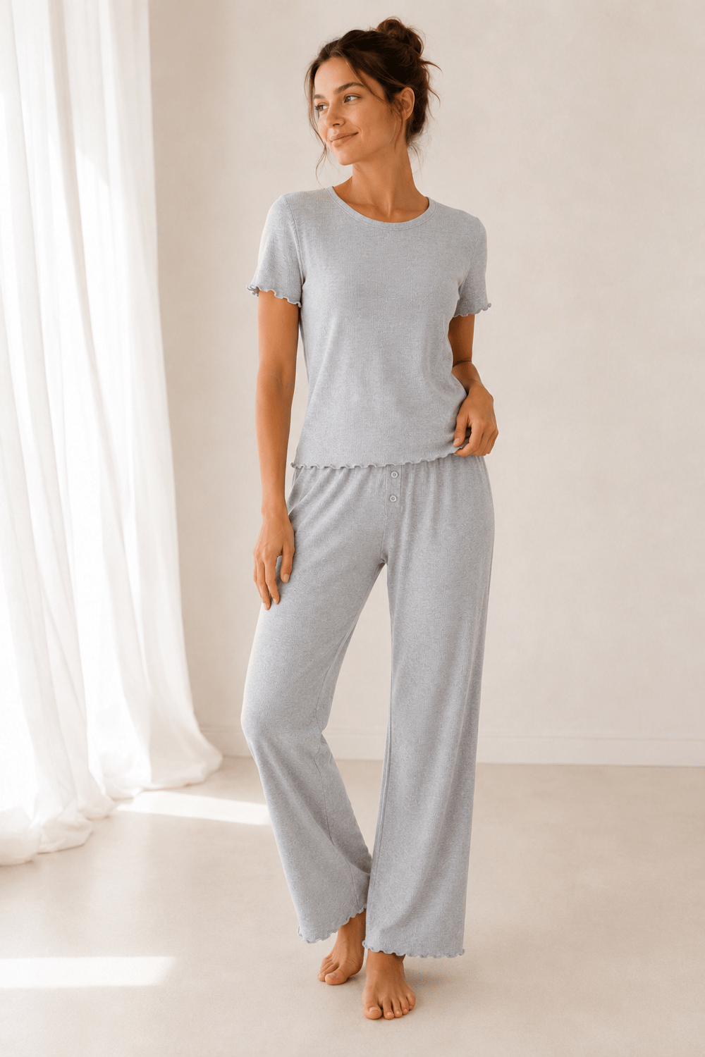 Gri Kaşkorse Pamuklu Yumoş Pijama Takımı